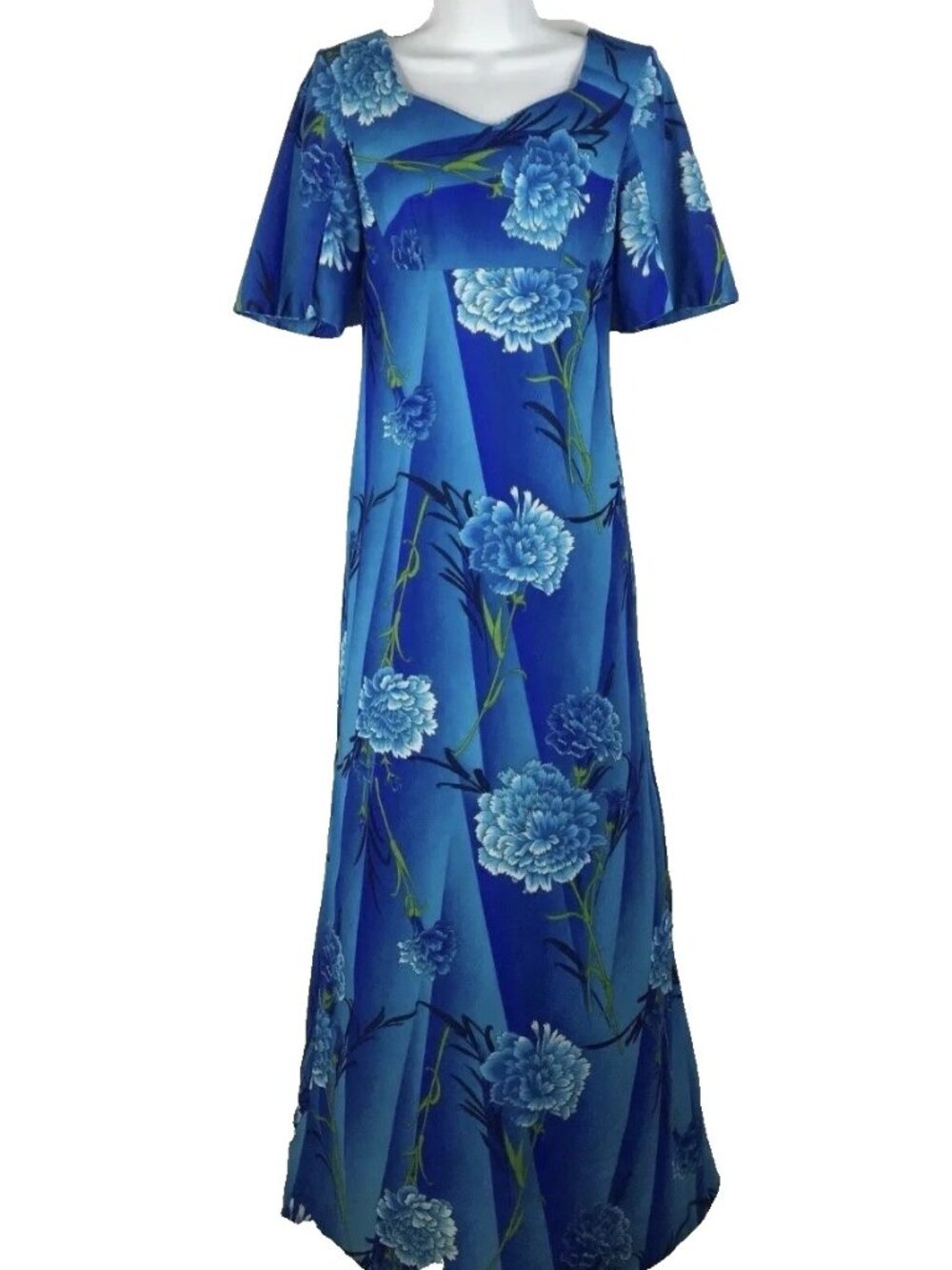 Vintage 60s Hawaiian Muumuu Maxi Dress Size 2 Blue Floral Kimos Polynesian Shop
